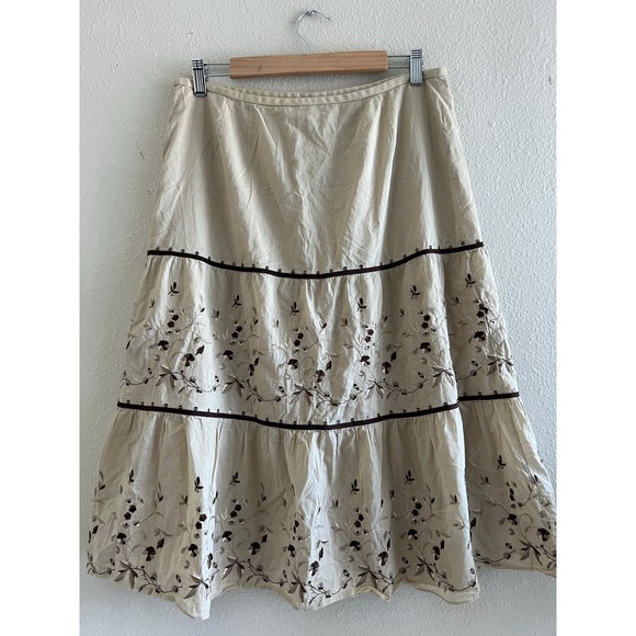 Ann Taylor Dresses & Skirts - Ann Taylor Cottagecore Embroidered Tiered Midi Skirt 10 Boho Cotton Linen Look